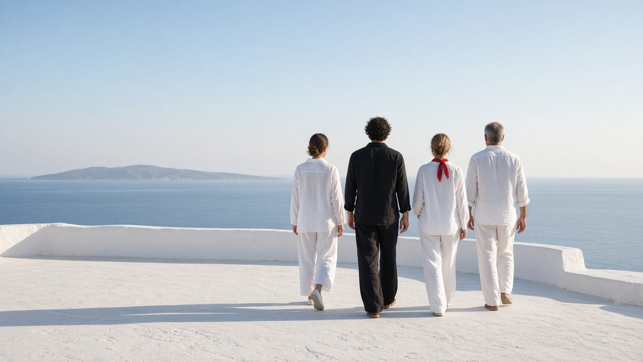 Four people walking together toward the sea. A picture of a group stay, not a getaway you can book.